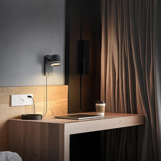 Aisilan Black Wall Sconce, 5W Dimmable Wall Sconces, Adjustable Angle Indoor Wall Lights with Plug in Cord, LED Wall Mounted Bedside Lamps for Living Room Stairway Hallway