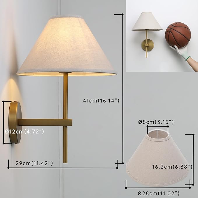 Pathson Hardwired Linen Wall Sconce Big Cone Fabric Lampshade, Vintage Wall Vanity Light Fixture Upwards Install, Indoor Bedside Lamp Victorian Decor for Living Room, Stairwell, Fireplace, Foyer