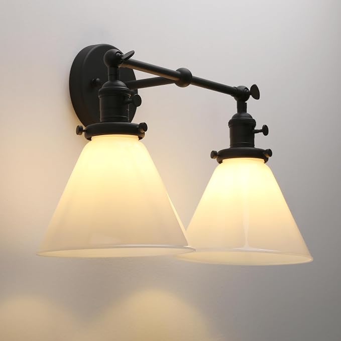 Double Sconce Vintage Industrial Black 2-Lights Wall Sconces with Funnel Flared Glass Milk Glass Shade Antique Scocne for Bathroom Living Room Home Office