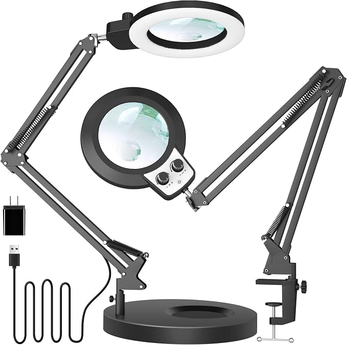 KIRKAS 12X 30X Magnifying Glass with Light and Stand, Overhead Knob 2 in 1 | Lighted Magnifier Lamp for Workbench, Craft, Sewing, Repair, Real Glass Lens Stepless Dimming and Color (9.06IN Base & Clamp)