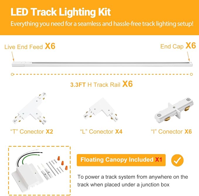 20FT H Track Lighting Rails Kit, White | H Type Track Rails with Floating Canopy Connector, End Caps, Live End Feed and T L Connector