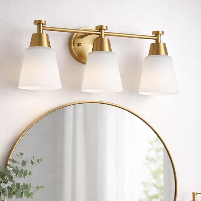 3-Light Bathroom Vanity Light, Gold Finish with Milk Glass Shades, Over Mirror, for Bathroom Vanity