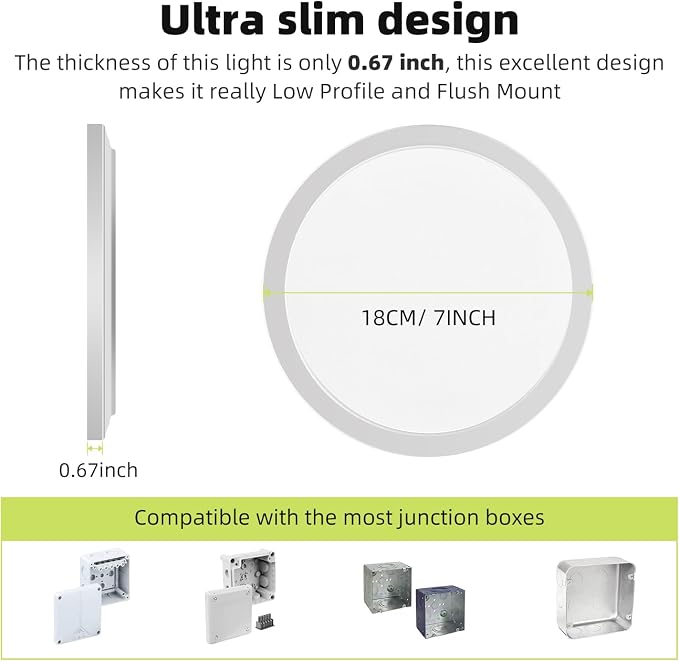 6PACK 7 Inch White Flush Mount Ceiling Light, 15W 1800LM Ceiling Light Fixture,3000K/3500K/4000K/5000K/6500K Color Temperature, LED Flat Ultra-Thin Round Lighting Fixture for Closet Bathroom Hallway
