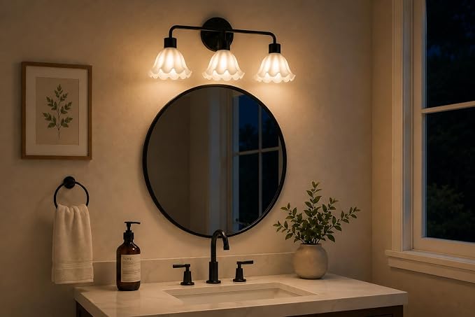 3 Light Black Bathroom Light Fixture,Modern Black Vanity Lighting Over Mirror,Cute White Glass Flower Lampshade,Wall Sconces,E26 Socket(Bulbs Not Included)
