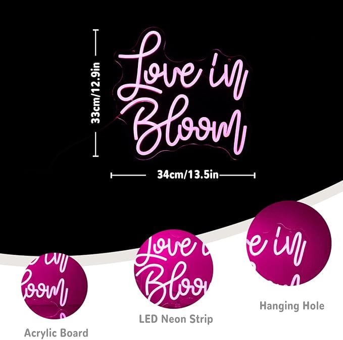 Love In Bloom Neon Sign for Wall Decor Letter Neon Light for Bridal Shower Dimmable Wedding Neon Light Sign for Wedding Decoration