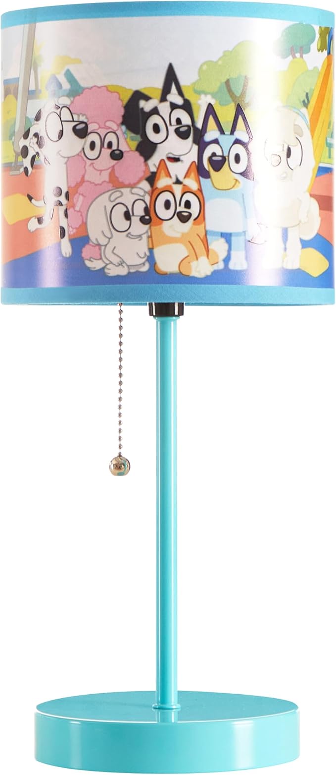 Bluey Table Lamp for Kids,Stick Lamp with Printed Shade & Pull Chain,Bedroom or Nursery Nightstand Lighting,Official Bluey Merchandise
