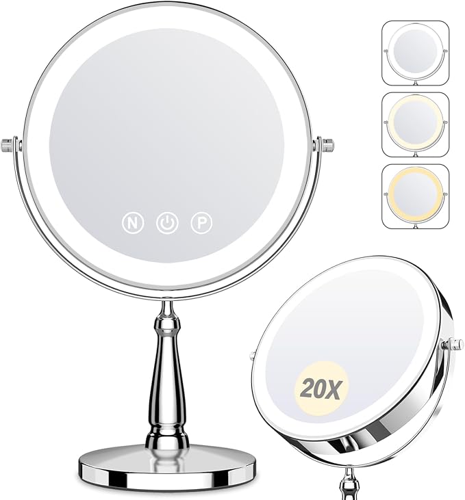 Makeup Mirror with Lights, 9 Inch 20X Magnifying Mirror with Light and 3 Colors for Women, Vanity Mirror with Lights and Adjustable Brightness, Lighted Magnified Mirrors for Delicate Makeup
