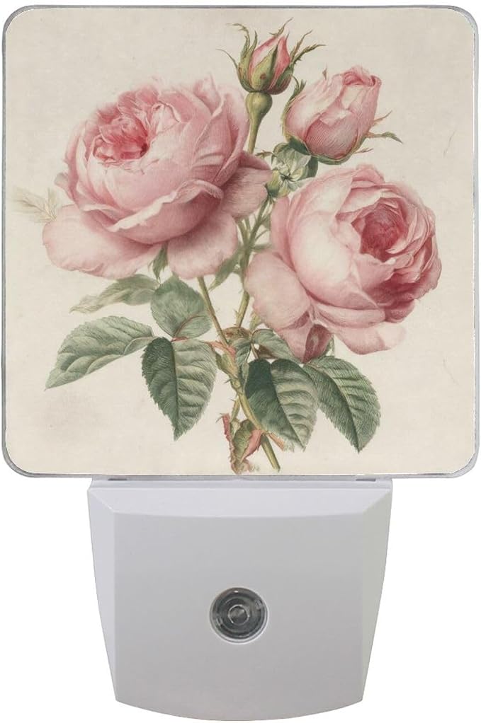 Pink Roses Vintage Night Light Dusk to Dawn Sensor LED Night Dimmable Nightlight Lights Plug into Wall for Living Room