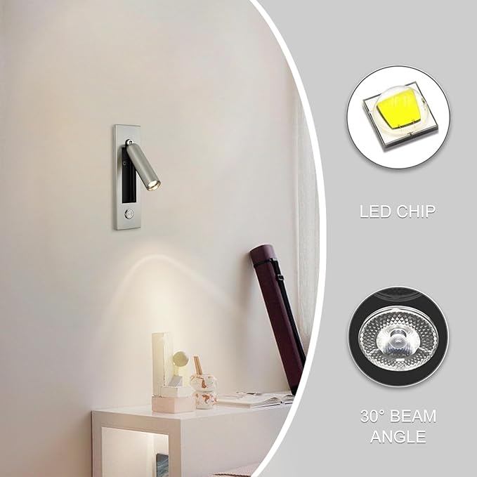 LED Bedroom Lamp Headboard Wall Light Sconce, Bedside Reading Light Recessed Push Switch Wall Lamps, Hotel Bed Side Decorative Wall Sconces Spotlight, 360° Rotatable 92° Foldable (Sand Nickel)