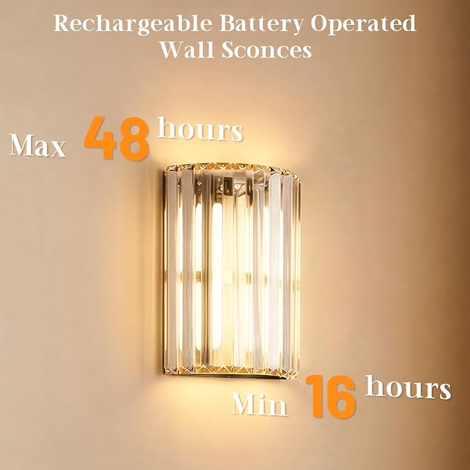 Black and Gold Battery Operated Wall Sconces Set of 2, Crystal Wireless Wall Lights with Remote, Rechargeable Cordless Wall Lamps 12 RGB and 3 CCT Dimmable Decor for Bedroom Living Room