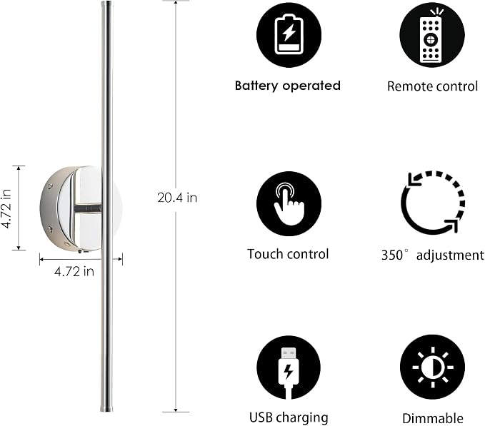 KARTOOSH Battery Operated Wall Sconces Set of Two Wireless Wall Lights | Rechargeable Wall Sconce with Remote 350°Rotate Dimmable 3000K LED Wall Lamp for Living Room, Bedroom