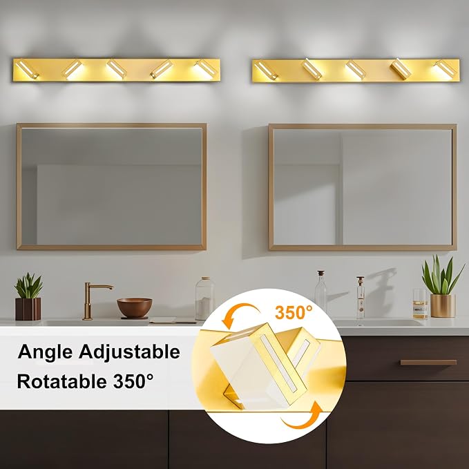 LED Modern Bathroom Light Fixtures, 5-Light 40-Inch Gold Vanity Lights for Bathroom Lighting Fixtures Over Mirror, 6000K Cool White 350° Rotatable Wall Lamp