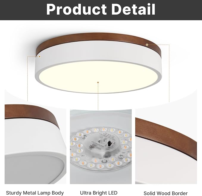 12" Minimalist White and Walnut Wood LED Flush Mount Ceiling Light | Natural Wood Accent, Integrated LED, 5CCT Before Installation, Slim Low-Profile Design, Minimalist Modern Style, Compact Size
