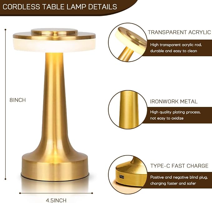 JHPGEOE Cordless Metal Desk Lamp, Touch Sensor Control LED Table Lamp,3 Color Stepless Dimmable Battery Powered Lamp for Living Room, Dorm, Home Office (Gold)