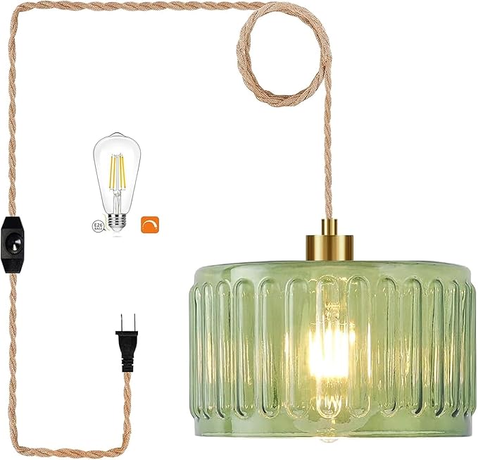 Plug in Pendant Light Hanging Lights with Plug in Cord Boho Hanging Lamp Glass Gold Mid Century Modern Vintage Dimmable Green Flower Plug in Chandelier Ceiling Fixture for Living Room,Kitchen