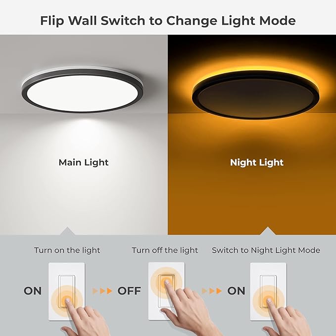 Matane 2Pack LED Flush Mount Ceiling Light Fixture with Night Light, 12inch 24W 2400LM 3000K/4000K/5000K Selectable, Dimmable LED Ceiling Lights for Bedroom, Dining Room, Kitchen, Round Black