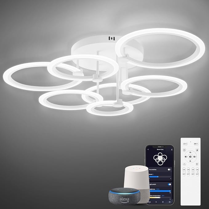 Smart LED Ceiling Light, 7-Ring Modern Flush Mount Fixture, 130W Dimmable 3000K–6500K, WiFi Alexa & App Control, White Ceiling Light for Living Room Bedroom Kitchen (31.8")