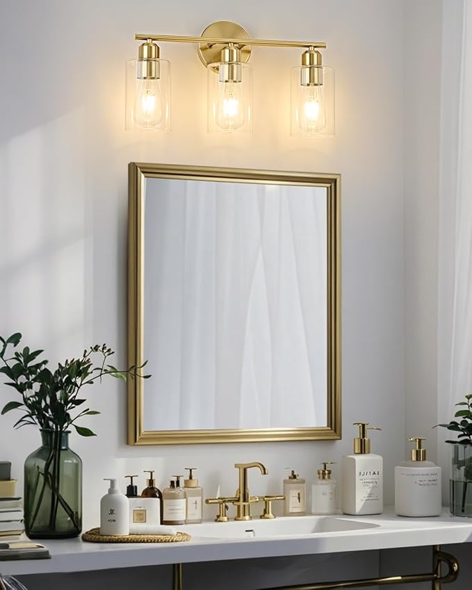 3-Light Bathroom Light Fixtures, Gold Bathroom Vanity Lights, Bathroom Lighting Fixtures Over Mirror with Clear Glass Shade, Wall Sconce Light for Bedroom, Living Room and Hallway