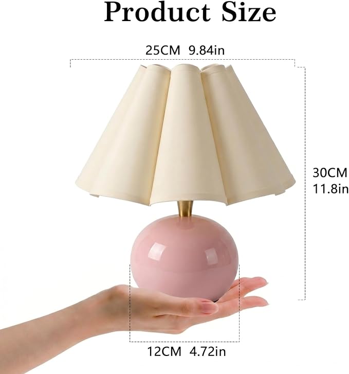 Small Bedside Table Lamp, 11.8'' Ceramic Stepless Dimmable Lamp (Pink) | with scalloped fabric shade for nightstand & living room. Perfect for quiet nights to create a cozy, relaxing atmosphere
