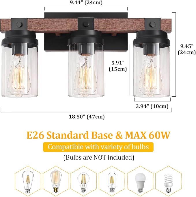 3-Light Farmhouse Vanity Lights Bathroom Lighting Fixtures Over Mirror | Faux Wood Rustic Wall Mount Light with Clear Glass Shade,Industrial Black Metal Wall Sconces for Bathroom Living Room