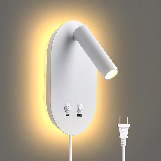 Wall Lamp Plug in Hardwired 2 in 1 Wall Sconces, Wall Mounted Reading Light with USB Type C Ports, Adjustable Bedside Headboard Spotlight, Bedside Lamp with 9W+3W Night Light 3000K (White)