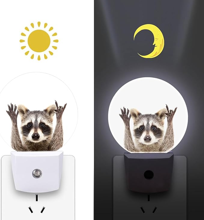 Round LED Night Light,Funny Cute Raccoon LED Night Light Plug into Wall with Dusk to Dawn Light Sensor White Energy Efficient Nightlight for Bedroom Bathroom Hallway Living Room Kitchen