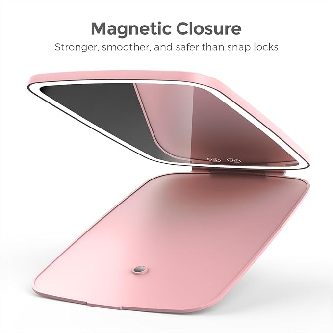 10" x 7" Large Travel Mirror with Lights, Rechargeable Portable Lighted Makeup Mirror, 3 Lighting Modes, 2000mAh Battery & Magnetic Closure (Pink)