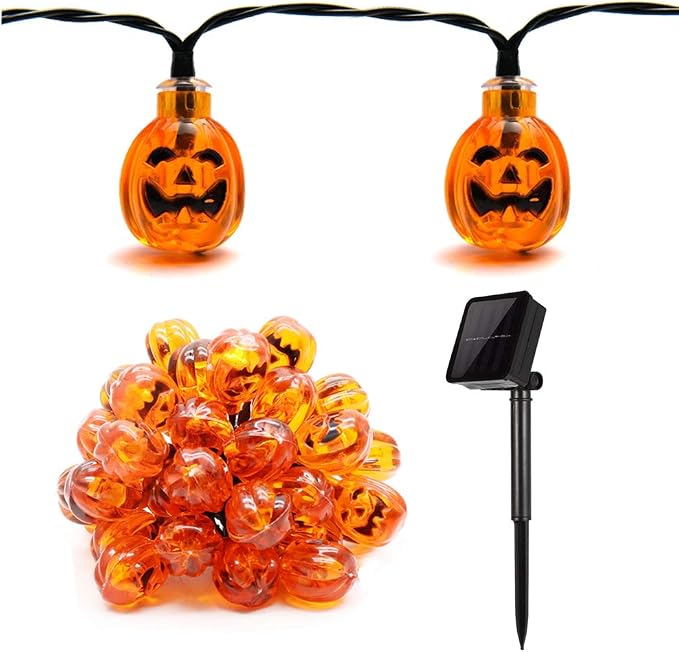 Hann® Solar LED String Lights, 30LED Crystal Ball | Lanterns | Moroccan Orb Ball | Cute Ghost Pumpkin Waterproof Outdoor Decorative String Lights for Christmas Garden Halloween (Pumpkin)