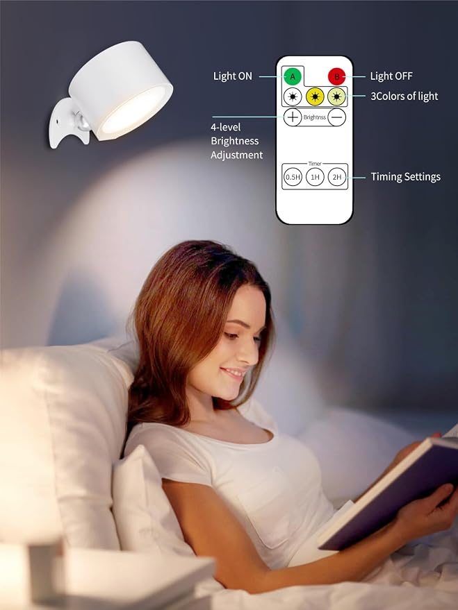 LANMEL LED Wall Mounted Lights,360° Rotating Rechargeable Wall Sconce Lamp | White 2pack,3CCT,Dimmable,with Remote & Touch Control,USB Wireless Wall Lamp, Suitable for Study,Bedroom,and Bedside Reading