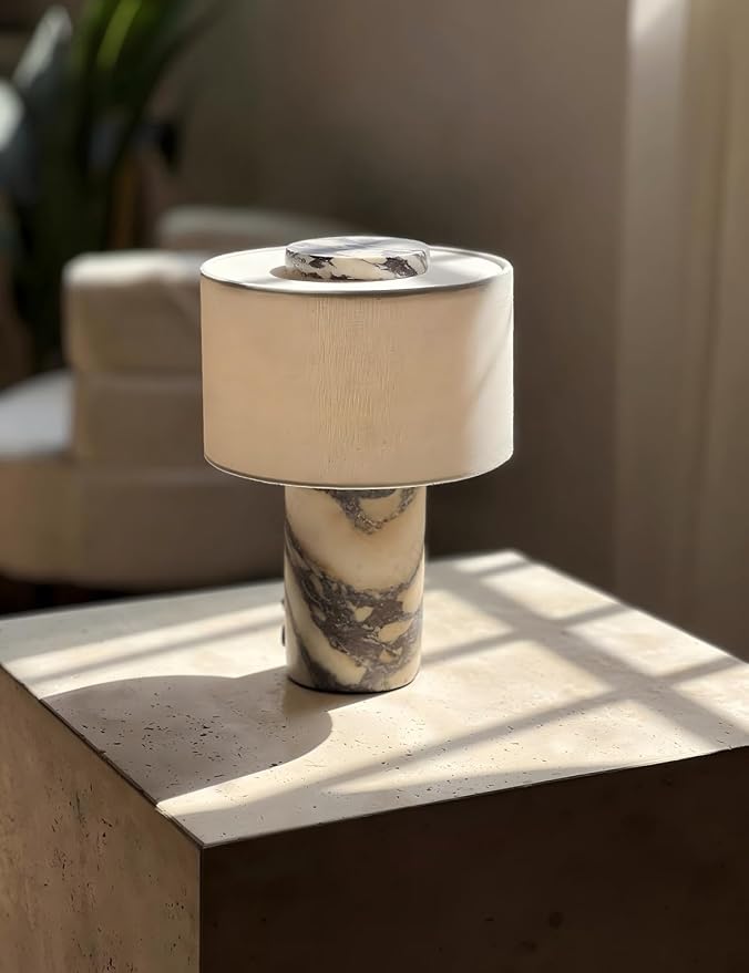 BSOD Marble Table Lamp, Natural Stone Lamps Collection - 10 inch Modern Luxury Design Decorative Light for Entry, Console, Bedroom, Living Room, Counter & Kitchen (Plug-in Calacatta Viola Lamp)