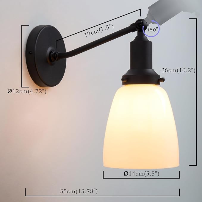 Industrial Vintage Slope Pole Single Sconce with 5.5" Oval Dome White Glass Shade Black Wall Sconce Wall Mount Light Lamp Fixture