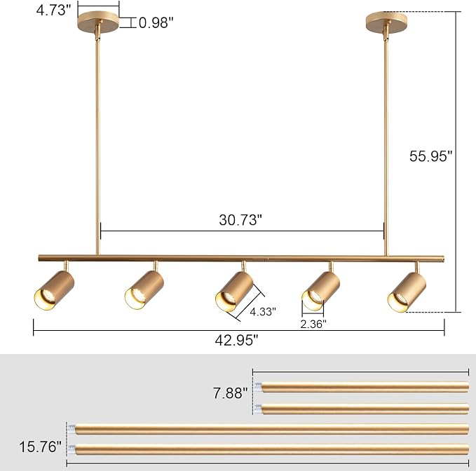 5-Light LED Track Lighting Kit Gold Track Light Flexibly Rotatable Light Head Modern Spot Lighting for Kitchen Living Room Dining Room Bedroom Closet Bar