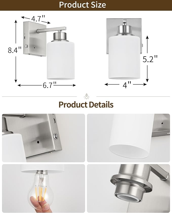 Wall Sconces Battery Operated Set of Two, Modern, White Glass, Nickel | Dimmable, Easy Install Rechargeable Wall Lights with Timer Remote for Living Room Bedroom, Emergency 3000K