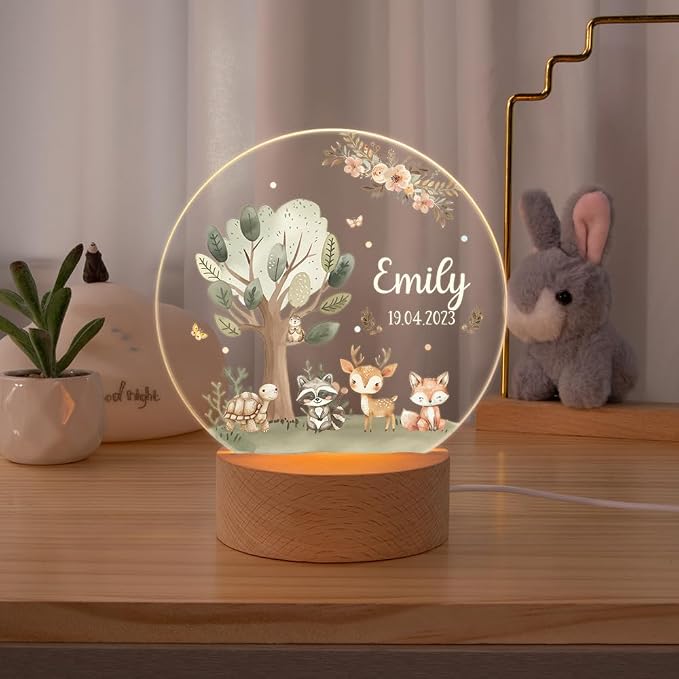 Personalized Forest Animal Night Light for Kids, Custom Name and Text Led Nightlight Nursery Decor Gift for Kids