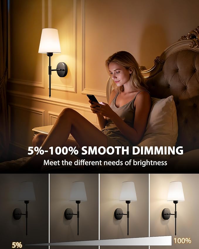 Adetu Battery Operated Wall Sconce Set of 2, Black Wall Sconces with 10000mAh