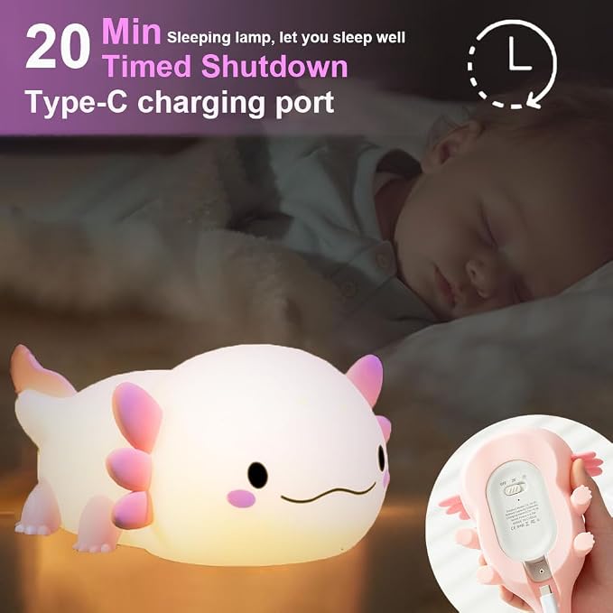 magical JD Axolotl Night Light for Kids Bedroom, Animal Silicone Nursery Night Lamp Touch Dinosaurs Nightlights USB Rechargeable Bedside Lamp for Baby Children Toddlers Girls Gift (Pink Axolotl +1)