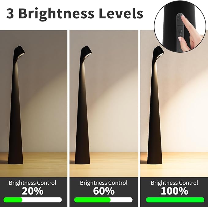 Portable Cordless LED Desk Lamp,Rechargeable Wireless Table Lamp, 3-Level Brightness, Patio Table Lamp, Bedside Night Light, Dining Room Ambient Light, Reading Light (Black)