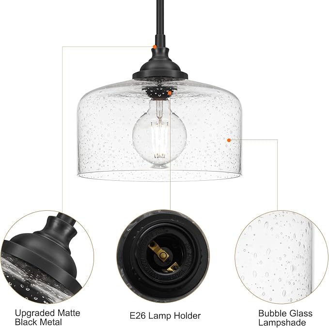 Black Vintage Pendant Lights Kitchen Island, Adjustable Height Kitchen Pendant Lighting Over Sink, Bathroom Hanging Lights With Bubble Glass, Dual Mount Ceiling & Hanging Fixtures With 90° Swivel