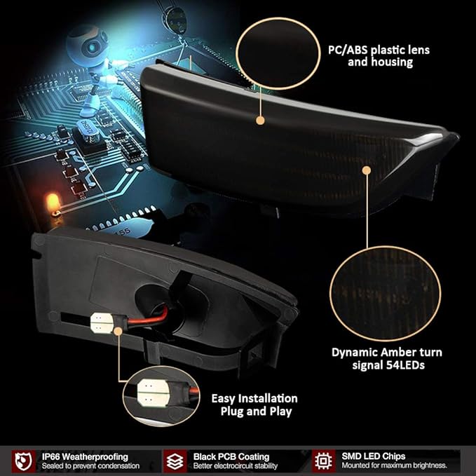 D-Lumina Sequential LED Turn Signal Side Mirror Lights Smoked Lens Fit 2012-2019 Fo-rd Ranger T6 Raptor Wildtrak and 2015-2019 Everest, Dynamic Side Mirror Marker Light Replace Factory Amber Reflector