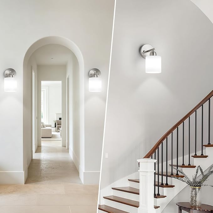 Brushed Nickel Bathroom Light, Anti-Rust Finish 2PCS Light Bathroom Vanity Light Brushed Nickel, Milky White Frosted Glass Shades, E26 Socket