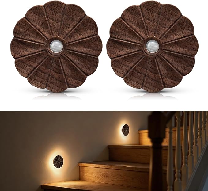 Motion Sensor Night Light, Rechargeable Wooden Flower Lights, Magnetic | Flower Night Light 2Pack, Warm White 3000K , Magnetic Stick-on , Sensor Light for Stair, Hallway, Bedroom, Black Walnut