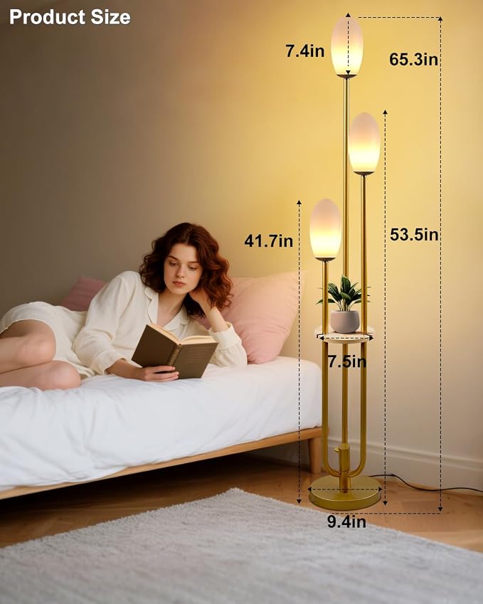 Lightdot Gold Dimmable Floor Lamp with Table, 63IN Mid-Century Oval Floor Lamps with Bulbs Included, 3-Lights Modern Tall Standing Lamp with 5Lbs Heavy Base for Living Room/Sofa Beside/Corner Decor