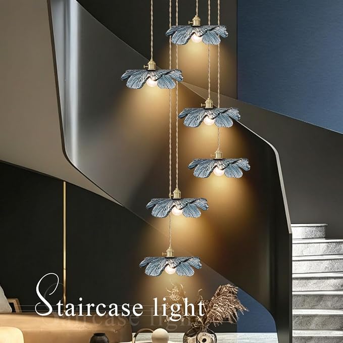 Foyer Chandelier for High Ceilings long Blue Floral pendant light Mid Century Glass Hanging Ceiling light Brushed Gold Flush Mount Ceiling Chandeliers for Staircase Entryway Living, Adjustable Height