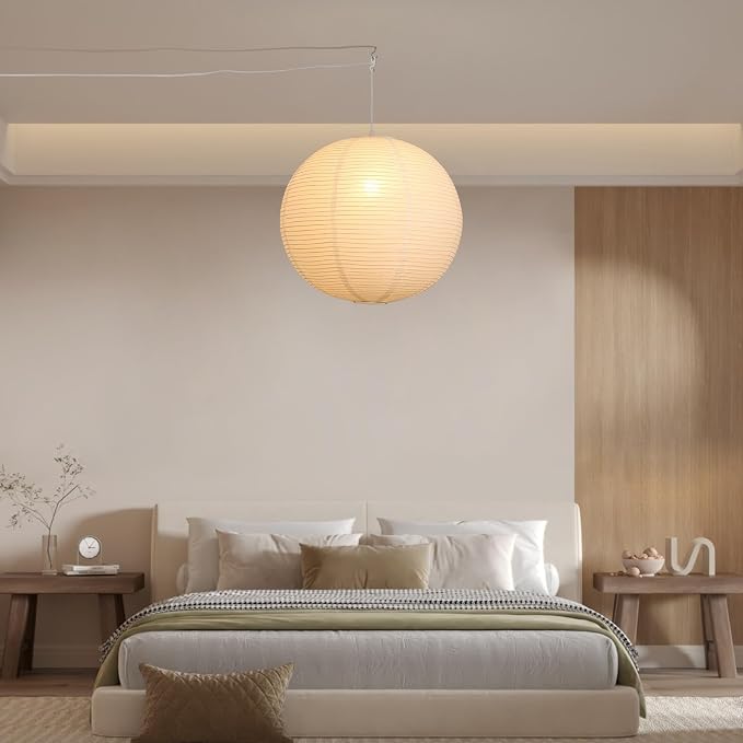 20in Paper Lanterns Plug in Hanging Lamp White, 19.7FT Cord | Rice Paper Lamp Lantern Pendant Light Large Globe Japanese Japandi Wabi Sabi Chandelier for Dining Living Room Bedroom 2 Pack