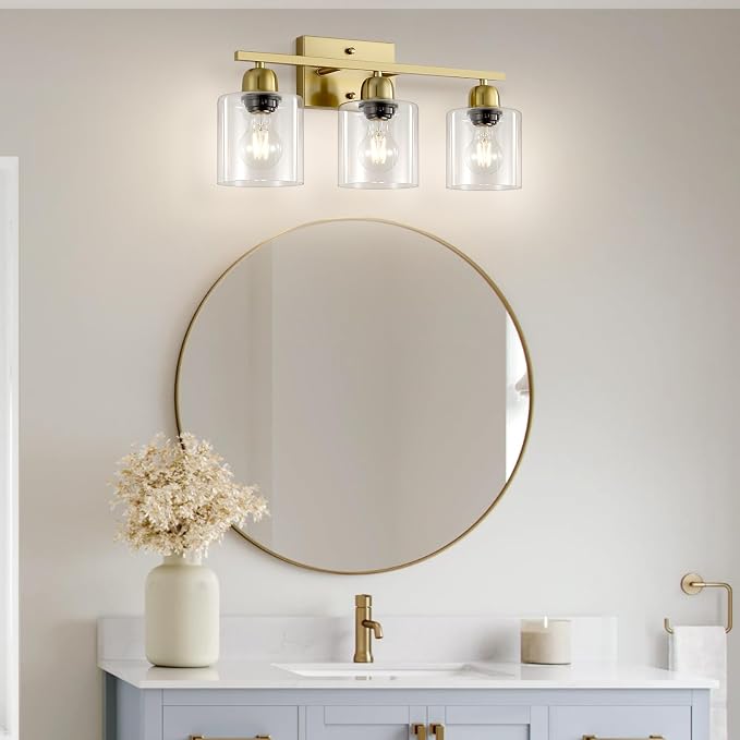 Modern Brushed Gold 3 Light Bathroom Light Fixtures, 19 inch Vanity Lights for Bathroom with Clear Glass, Bathroom Lighting Fixtures Over Mirror for Mirror Kitchen Living Room