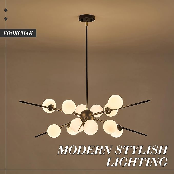 Large Black Sputnik Chandelier 39in 12-Light Frosted Glass Chandelier Light Fixture Mid-Century Modern Molecular Chandeliers for Living Room Dining Room Foyer Kitchen Bedroom