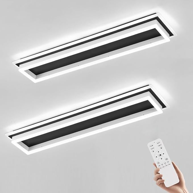 Dimmable Led Ceiling Light with Remote Control Modern Linear Flush Mount Ceiling Lighting Fixture Acrylic Long Ceiling Lamp for Living Room Kitchen Dining Room Hallway (Black&White, 2 Packs)