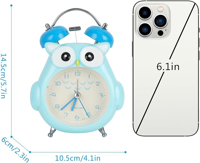 Aisi Kids Alarm Clock Cute Cartoon Owl Loud Bell Alarm Clock Non-Ticking Desk Clock with Night Light, Blue, nz-06336-04S