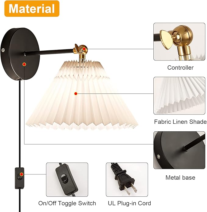Wall Sconce Plug in, white Plug in Wall Light Set of 2 Fixtures,Wall Lamp with Plug in Cord and On/Off Switch,, Adjustable Industrial Vintage E26 Wall Sconce， for Reading Bedroom Hallway Living Room
