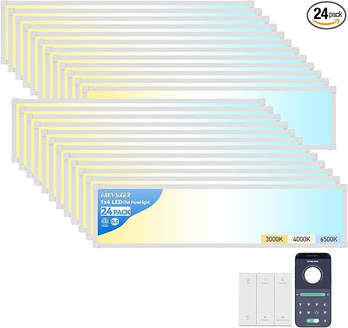 AIKVSXER 24PCS 1x4 LED Flat Panel Light Surface Mount with Wireless Switch | App Control, Night Mode, 50W 5500LM, 3000K/4000K/6500K, Ultra-Thin LED Light for Office Home,120-277V - White